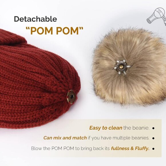 Women\'s Wine Red Winter Warm Knitted Beanie Faux Fur Pom Skull Style Hat Cap